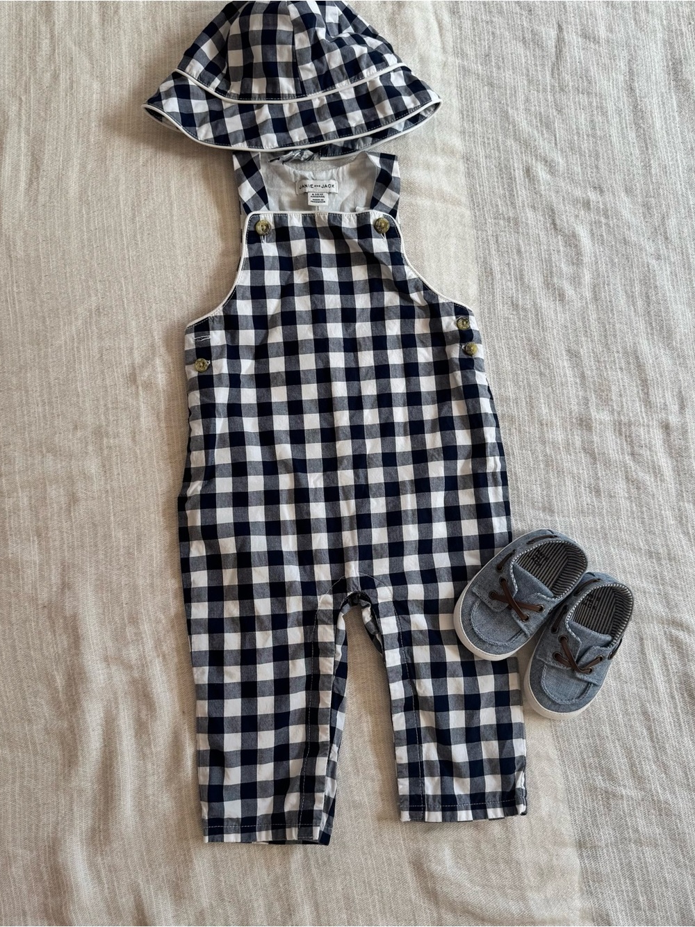 Janie and Jack Navy and White Gingham Overalls with Matching Bucket Hat